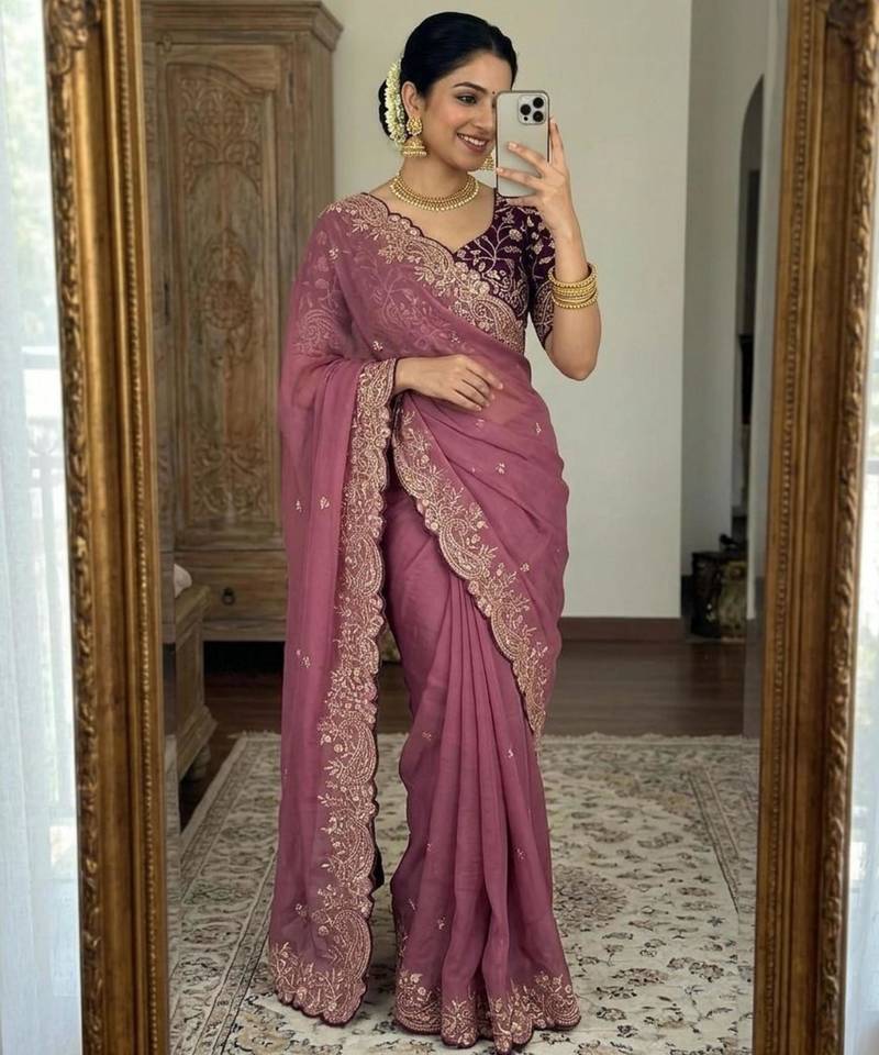 Plum georgette embroidered saree with thread work
