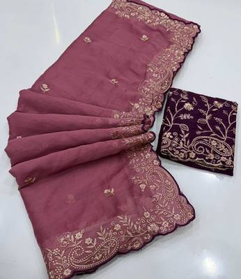 Plum georgette embroidered saree with thread work 2