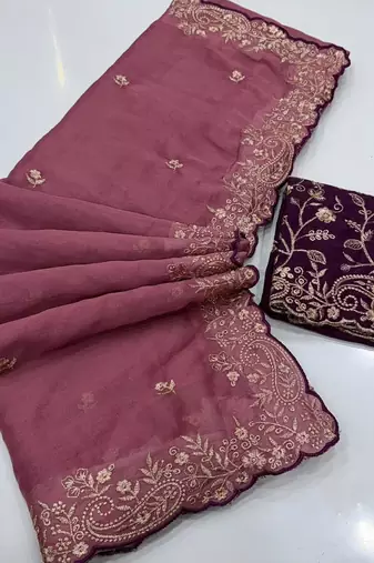Plum georgette embroidered saree with thread work