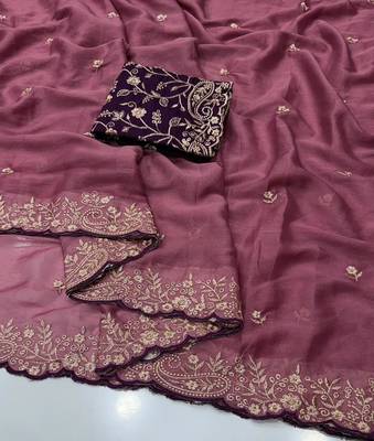 Plum georgette embroidered saree with thread work 3