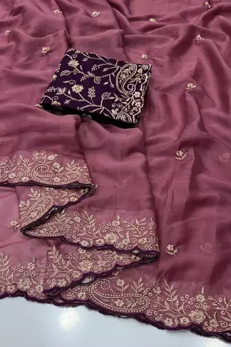 Plum georgette embroidered saree with thread work