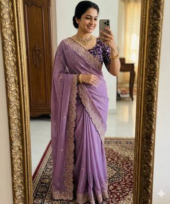 Lavender georgette embroidered saree with thread work 1