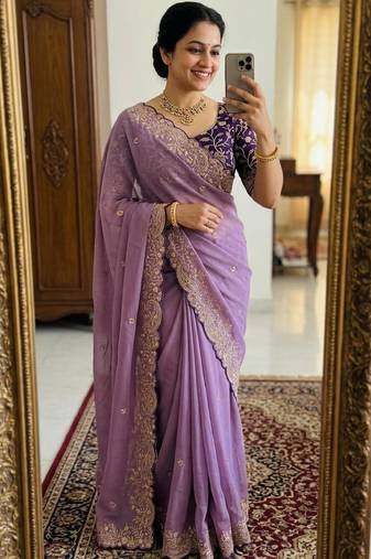 Lavender georgette embroidered saree with thread work