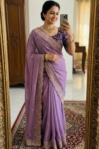 Lavender georgette embroidered saree with thread work