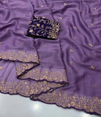 Lavender georgette embroidered saree with thread work 2