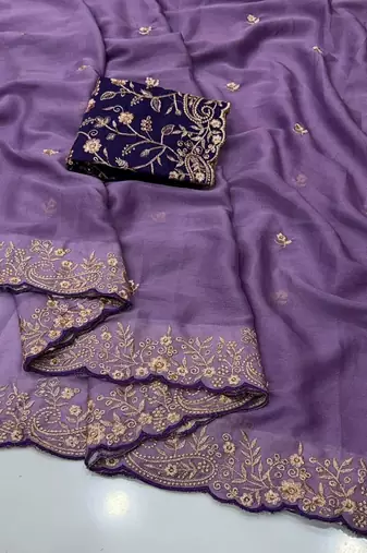 Lavender georgette embroidered saree with thread work