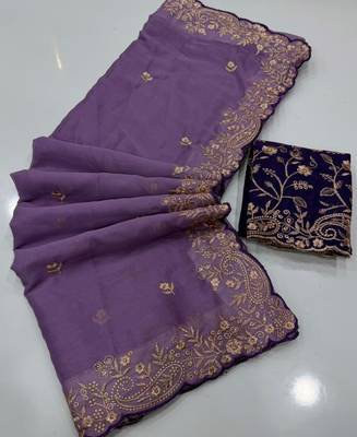 Lavender georgette embroidered saree with thread work 3