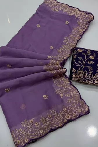 Lavender georgette embroidered saree with thread work