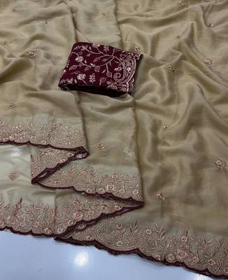 Beige georgette embroidered saree with thread work 2