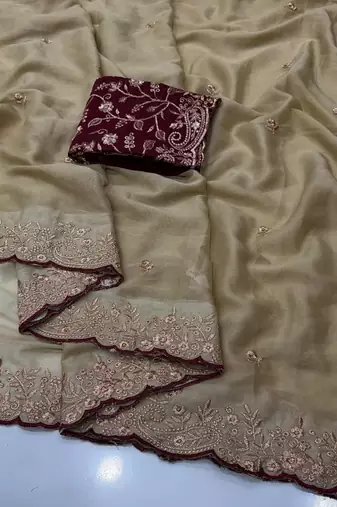 Beige georgette embroidered saree with thread work