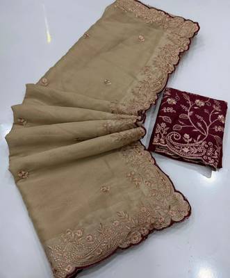 Beige georgette embroidered saree with thread work 3