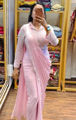 baby pink georgette embroidered saree with thread work 1