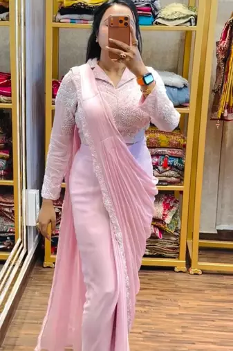 Baby pink georgette embroidered saree with thread work