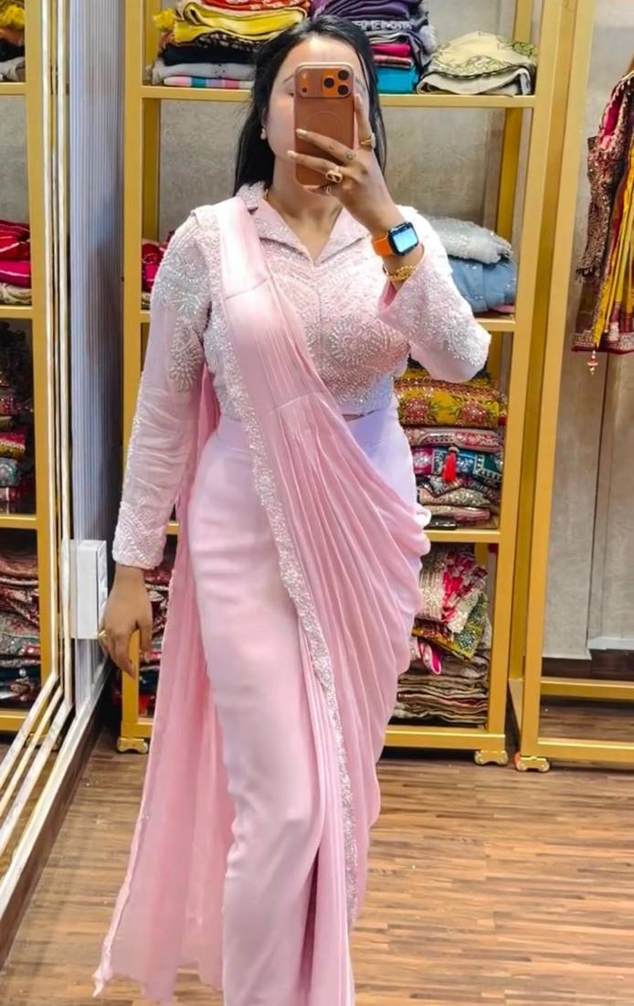 Baby pink georgette embroidered saree with thread work