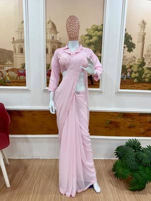 baby pink georgette embroidered saree with thread work 2