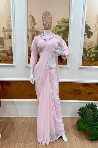 baby pink georgette embroidered saree with thread work