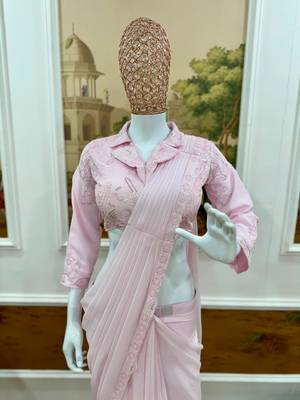baby pink georgette embroidered saree with thread work 3