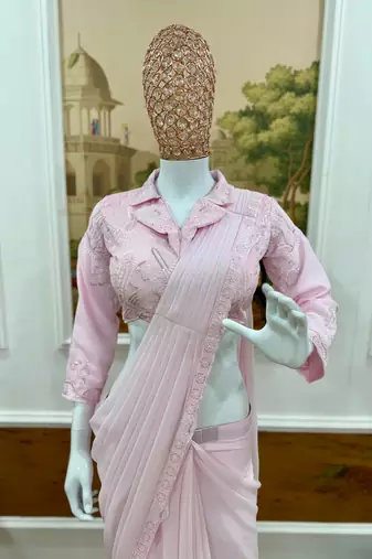 baby pink georgette embroidered saree with thread work