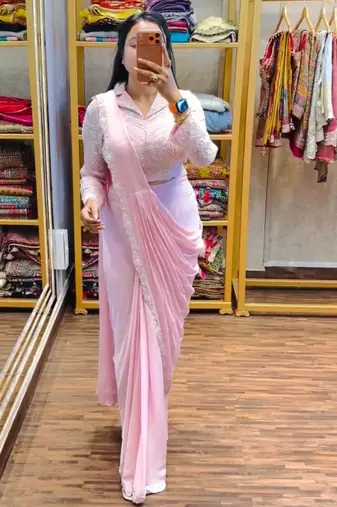 baby pink georgette embroidered saree with thread work