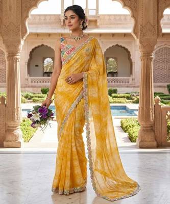 Yellow silk blend printed saree with floral print 1