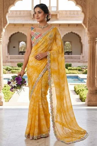 Yellow silk blend printed saree with floral print