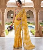 Yellow silk blend printed saree with floral print