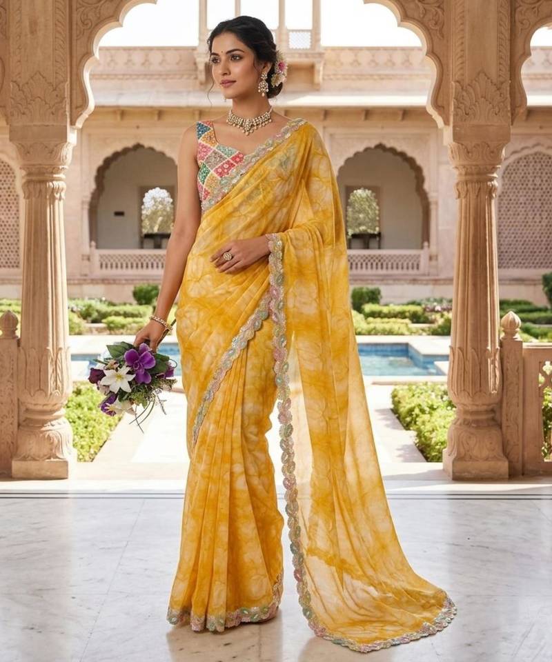 Yellow silk blend printed saree with floral print