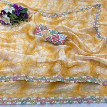 Yellow silk blend printed saree with floral print 2