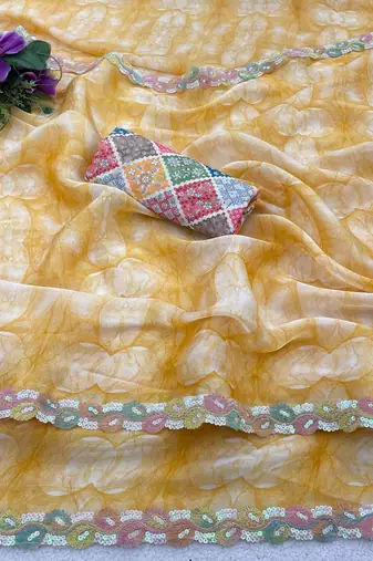 Yellow silk blend printed saree with floral print