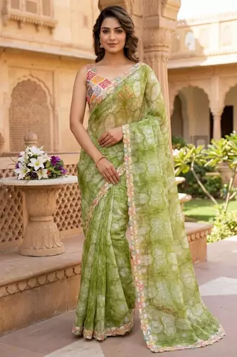 Parrot green silk blend printed saree with floral print