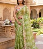 Parrot green silk blend printed saree with floral print