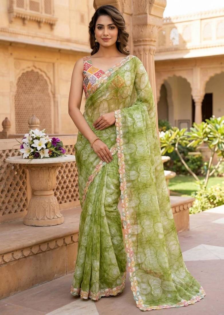 Parrot green silk blend printed saree with floral print