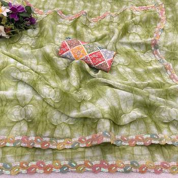 Parrot green silk blend printed saree with floral print 2