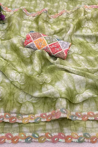 Parrot green silk blend printed saree with floral print