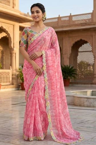 Baby pink silk blend printed saree with floral print