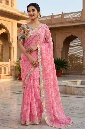 Baby pink silk blend printed saree with floral print