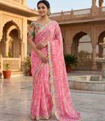 Baby pink silk blend printed saree with floral print