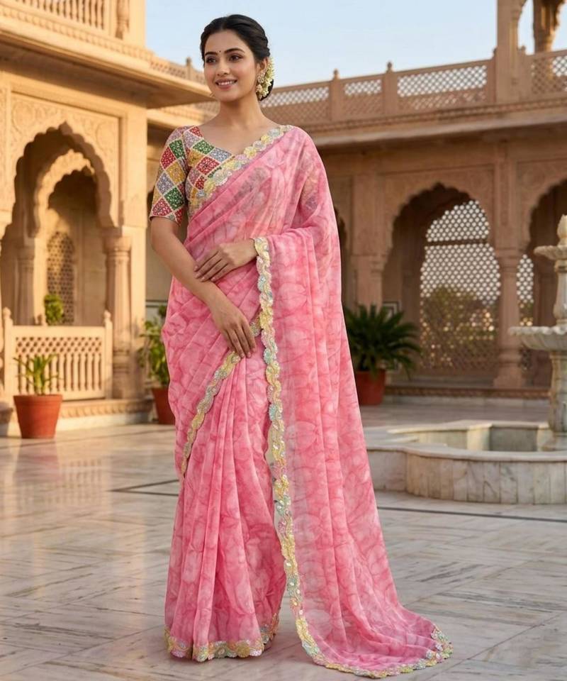 Baby pink silk blend printed saree with floral print