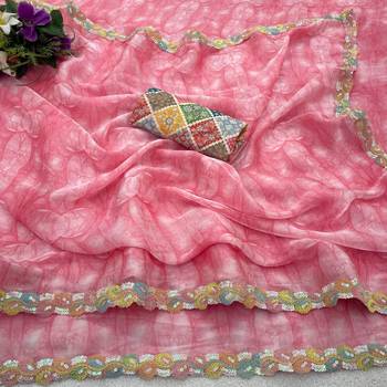 Baby pink silk blend printed saree with floral print 2
