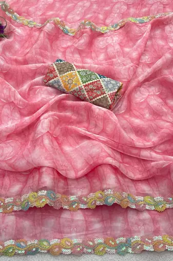 Baby pink silk blend printed saree with floral print