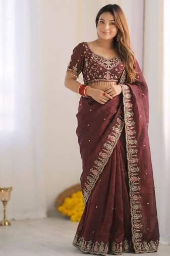 chocolate silk blend embroidered saree with sequins work