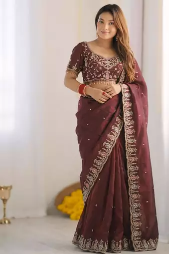 chocolate silk blend embroidered saree with sequins work