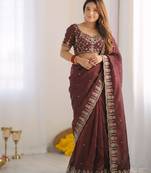 chocolate silk blend embroidered saree with sequins work