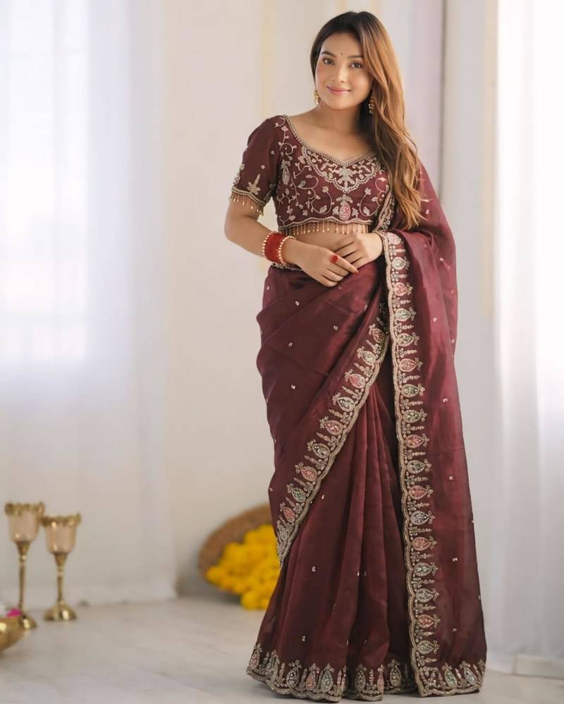 chocolate silk blend embroidered saree with sequins work