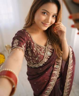 chocolate silk blend embroidered saree with sequins work 2