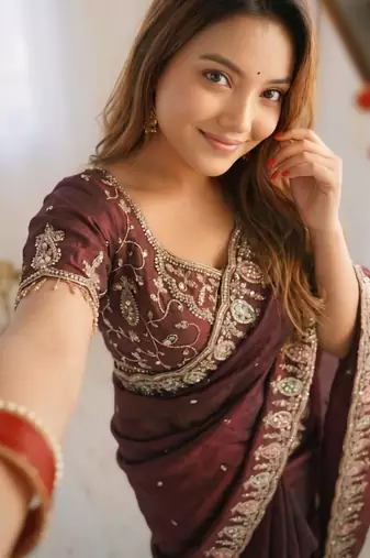 chocolate silk blend embroidered saree with sequins work