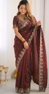 chocolate silk blend embroidered saree with sequins work 3