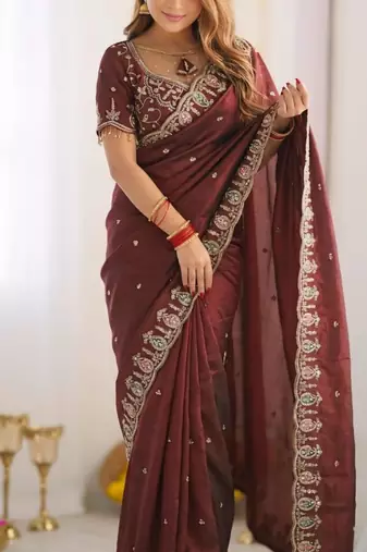 chocolate silk blend embroidered saree with sequins work