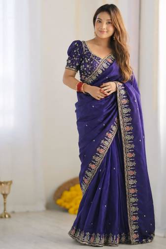 royal blue silk blend embroidered saree with sequins work