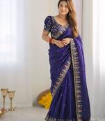 royal blue silk blend embroidered saree with sequins work